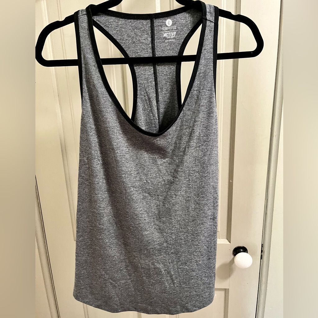 Old Navy Semi-Fitted Charcoal Gray And Black Racer Back Workout Top Size Large